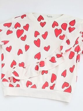 H&M Girls (Size 6-7) Red Heart Print Sweatshirt/Sweater w/Diagonal Ruffle Detail